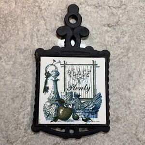 VTG Farmhouse Country Kitchen Cast Iron Trivet Ceramic Tile Peace & Plenty Chip